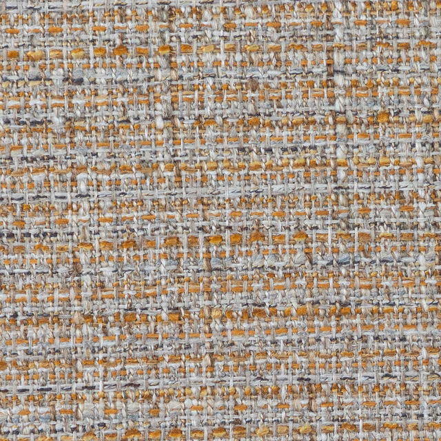 Close-up of textured woven fabric in muted yellow, grey and ochre slubs
