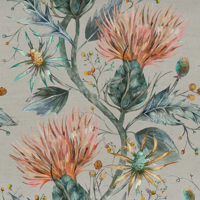 Painterly botanical fabric in soft duck egg blue with teal leaves and coral flower heads