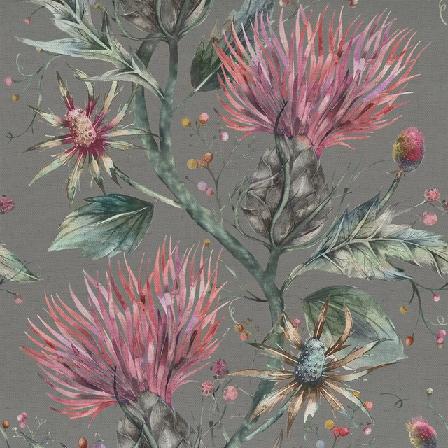 Painterly pink botanical fabric with sage leaves on a grey ground