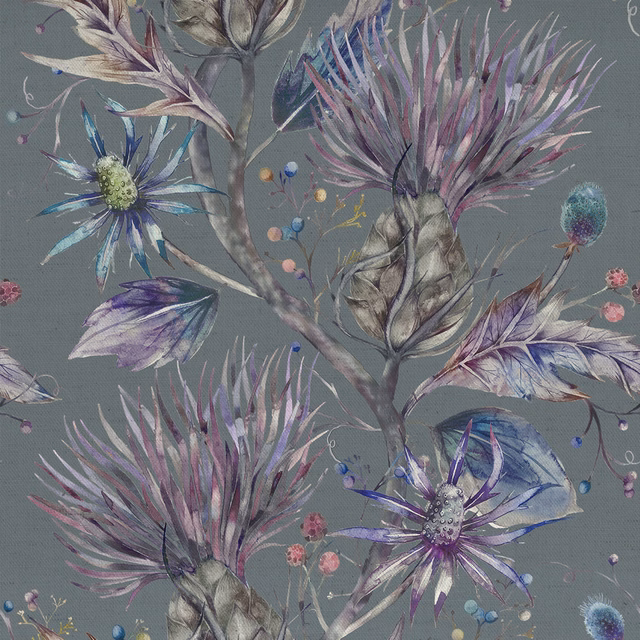 Painterly purple floral fabric on a grey-lilac ground with thistle blooms and feathered leaves