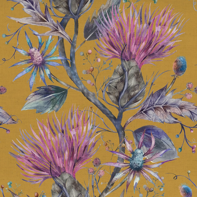 Mustard yellow floral fabric with large painterly flowers and foliage