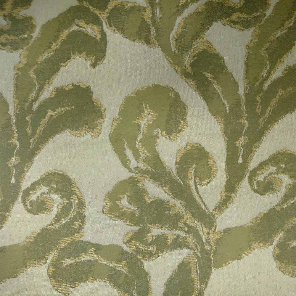 Close-up of olive green scrolling damask woven on a pale sage ground