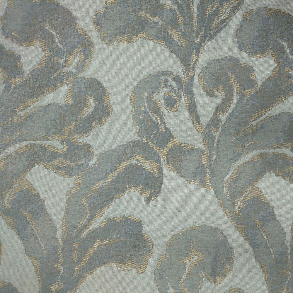 Close-up of grey woven fabric with large leaf motif and subtle tonal shimmer