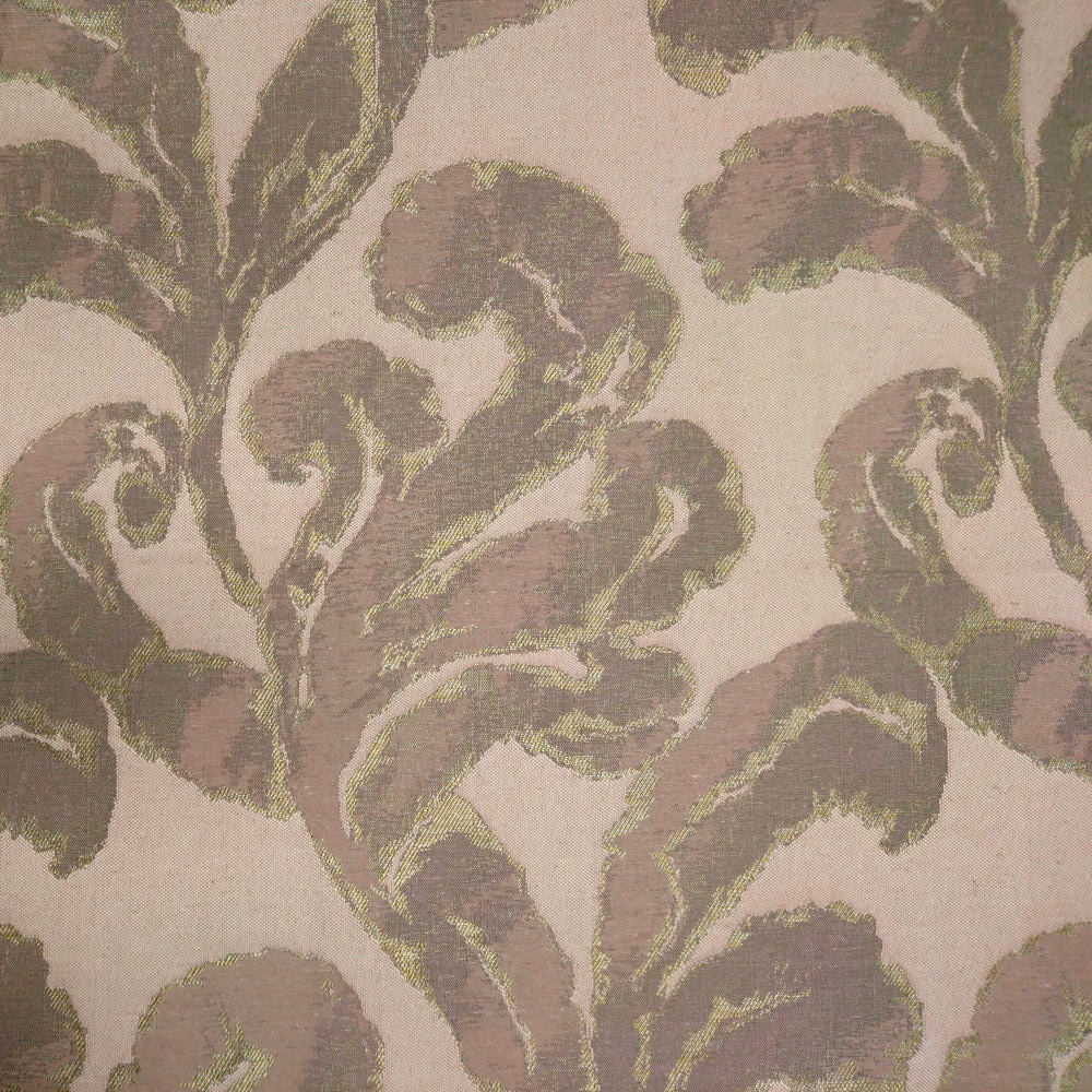 Soft blush pink fabric with large painterly floral leaves in mauve and olive