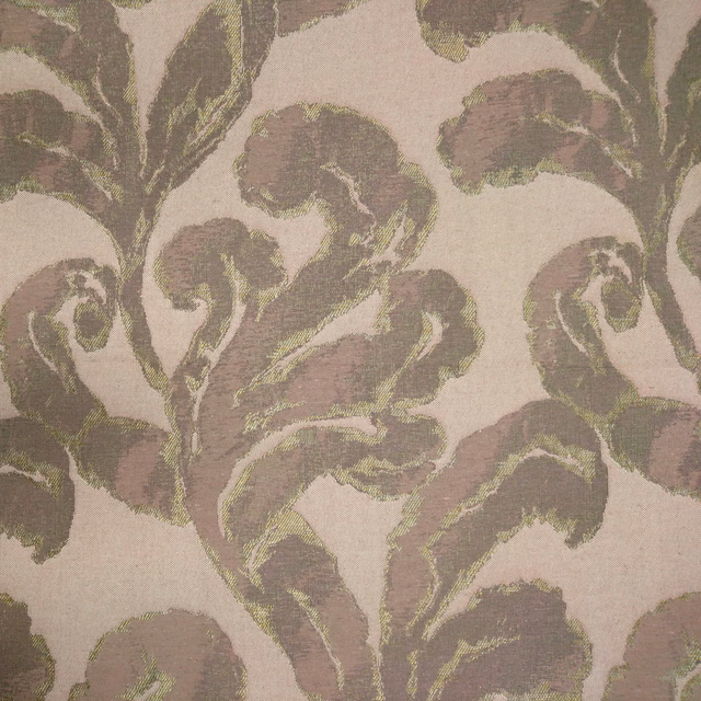 Soft blush pink fabric with large painterly floral leaves in mauve and olive