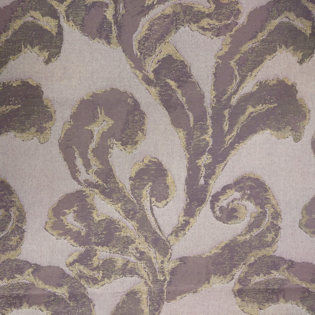 Dusty purple damask fabric with scrolling leaf motifs on a pale ground