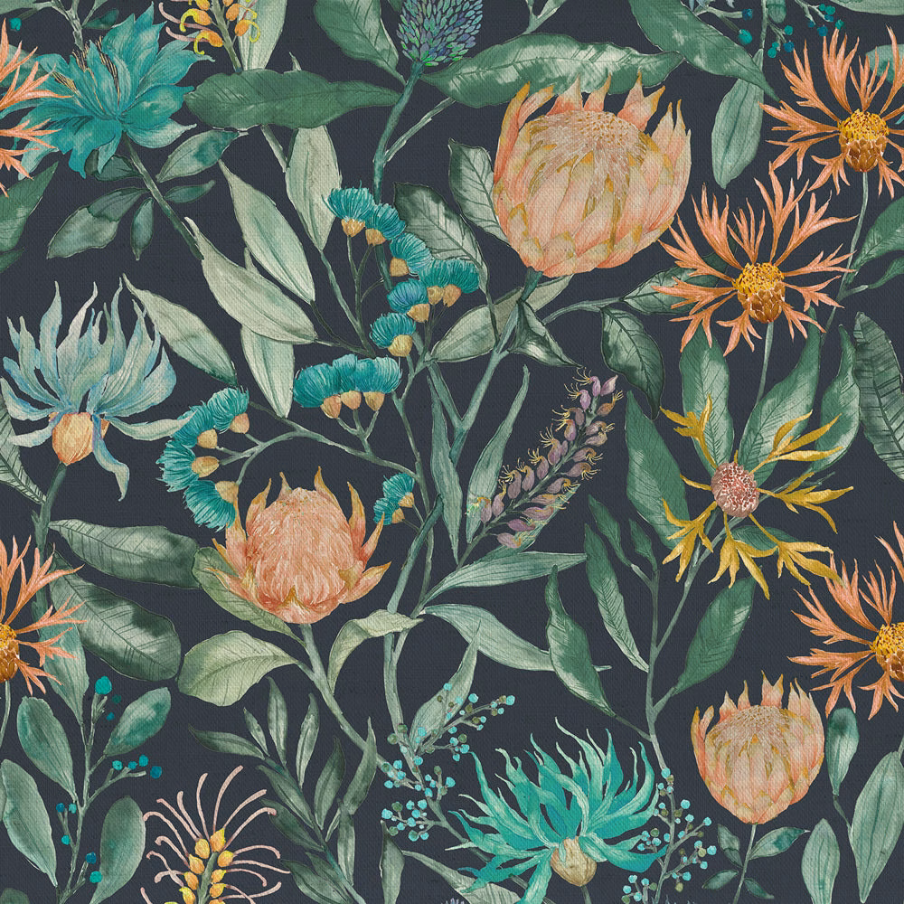 Botanical floral fabric on a deep navy-blue ground with teal and peach flowers