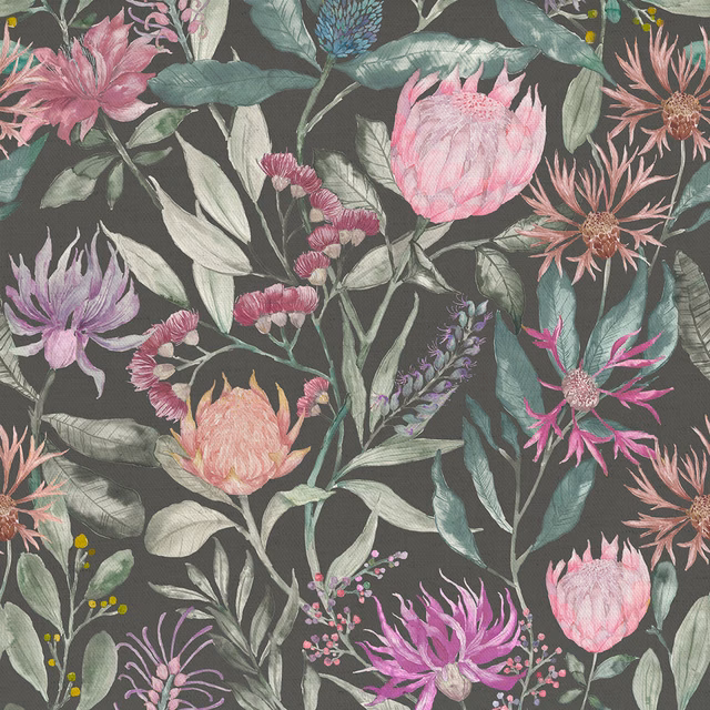 Charcoal floral fabric with pink blooms, sage leaves and botanical print