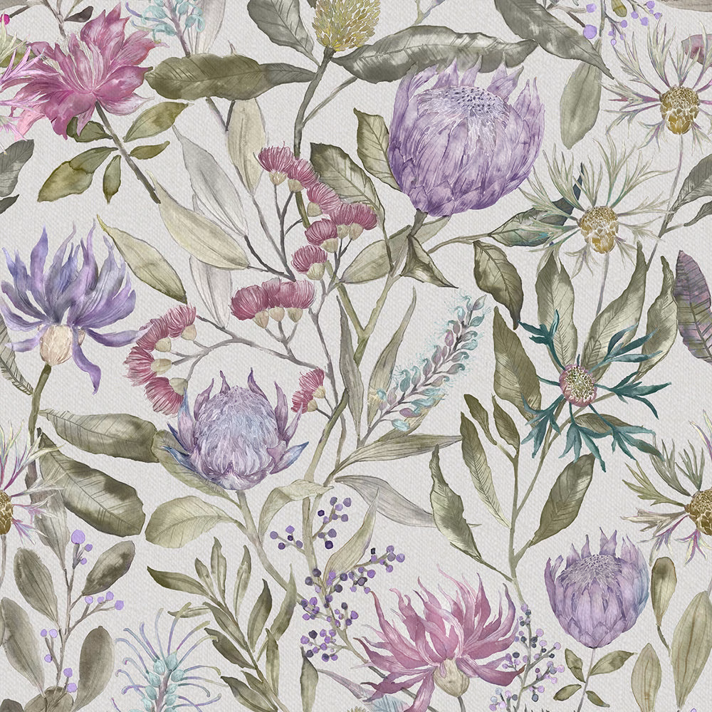 Painterly purple and sage botanical fabric with large lilac flowers on an ivory ground