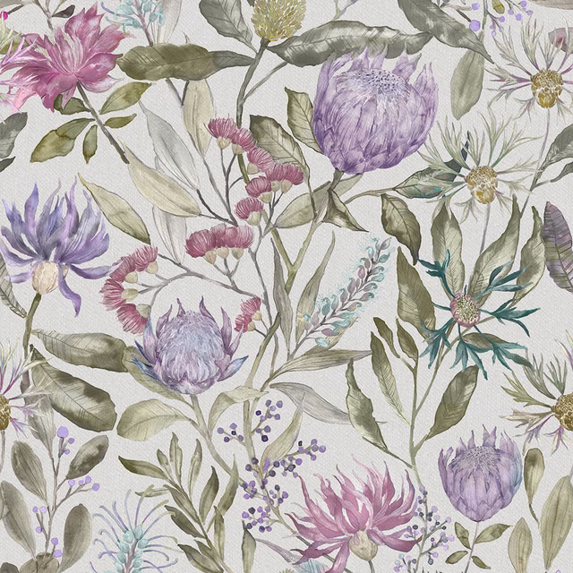 Painterly purple and sage botanical fabric with large lilac flowers on an ivory ground