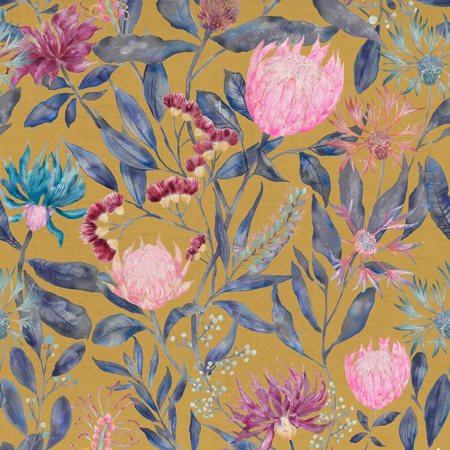 Large painterly floral fabric on warm mustard-yellow ground with blue, pink and teal blooms