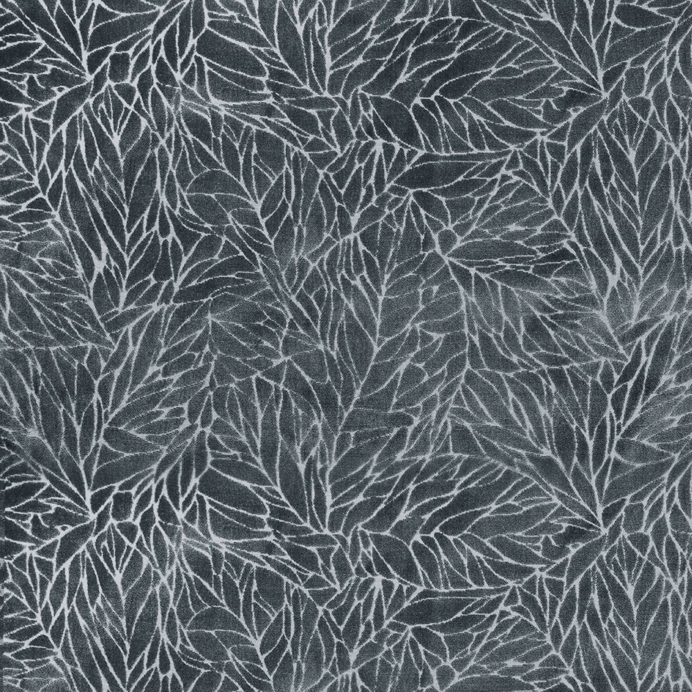 Charcoal leaf-pattern fabric with ivory outlines and textured woven ground