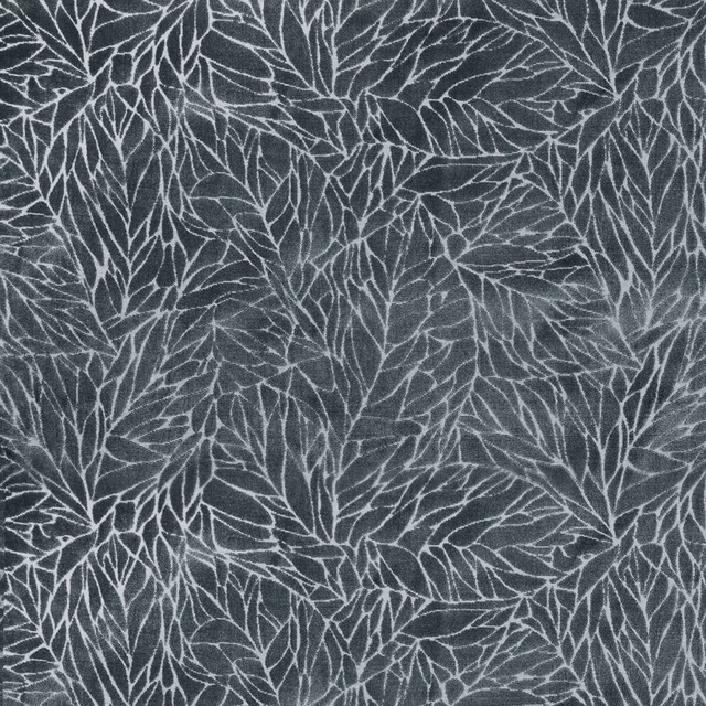 Charcoal leaf-pattern fabric with ivory outlines and textured woven ground