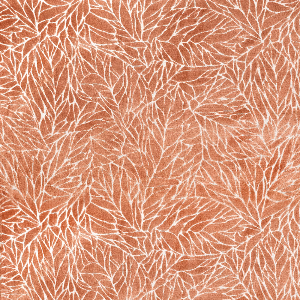Terracotta orange botanical fabric with ivory leaf pattern and woven texture