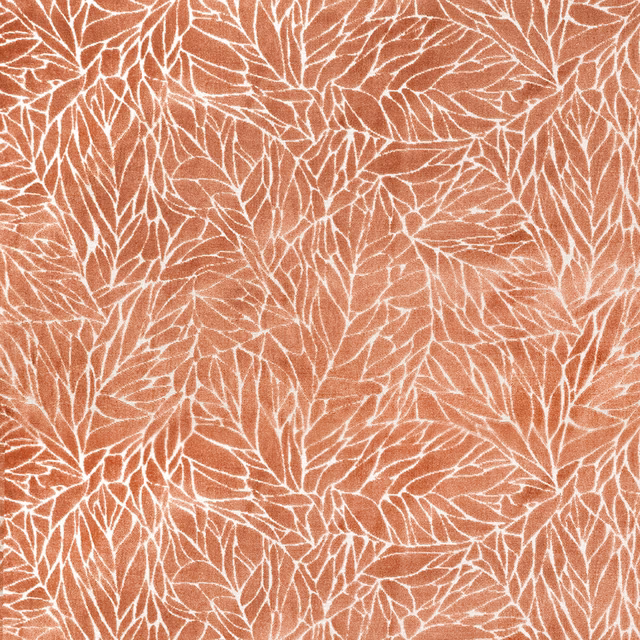 Terracotta orange botanical fabric with ivory leaf pattern and woven texture