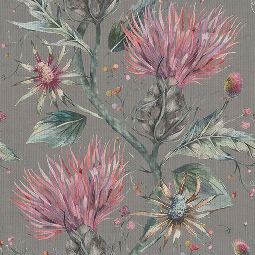 Botanical floral fabric on a cool grey ground with pink and sage leaves