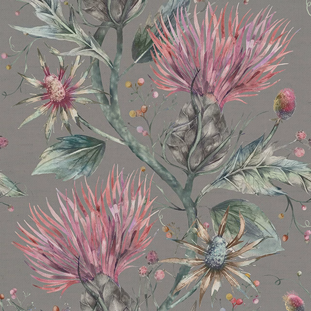 Botanical floral fabric on a cool grey ground with pink and sage leaves