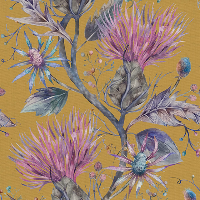 Mustard ochre fabric with large painterly floral branches in lilac, teal and blue