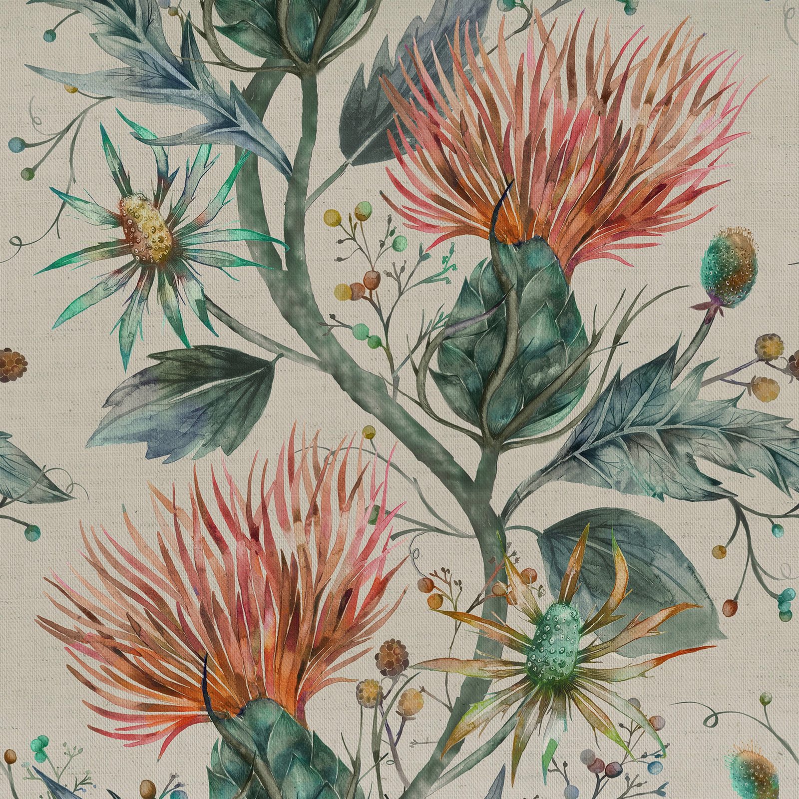 Painterly botanical fabric with coral orange flowerheads and teal leaves on a pale ground