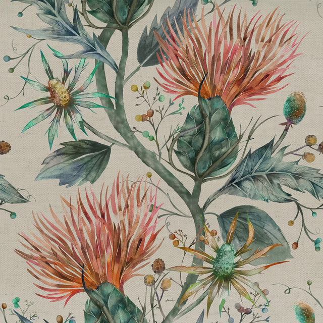 Painterly botanical fabric with coral orange flowerheads and teal leaves on a pale ground