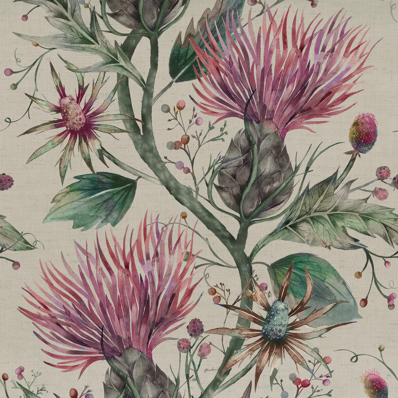 Botanical fabric swatch with berry pink thistle-like flowers on an ivory ground