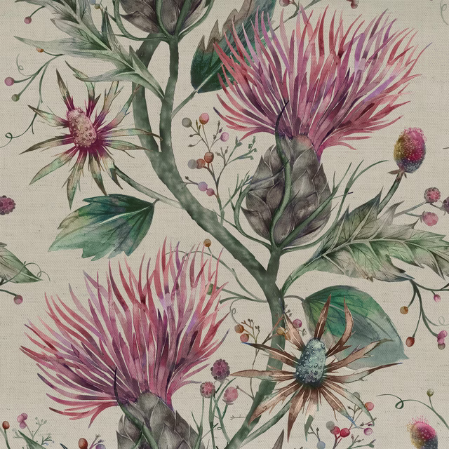 Botanical fabric swatch with berry pink thistle-like flowers on an ivory ground