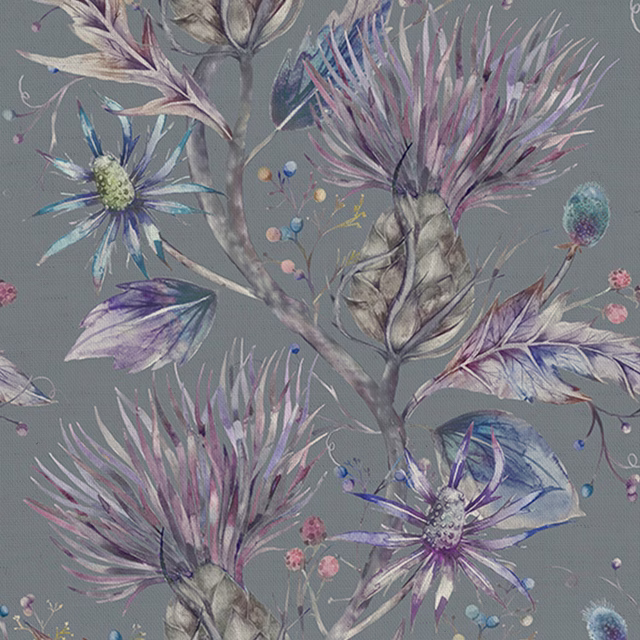 Painterly botanical fabric swatch with large lilac and blue flowers on a smoky grey-purple ground
