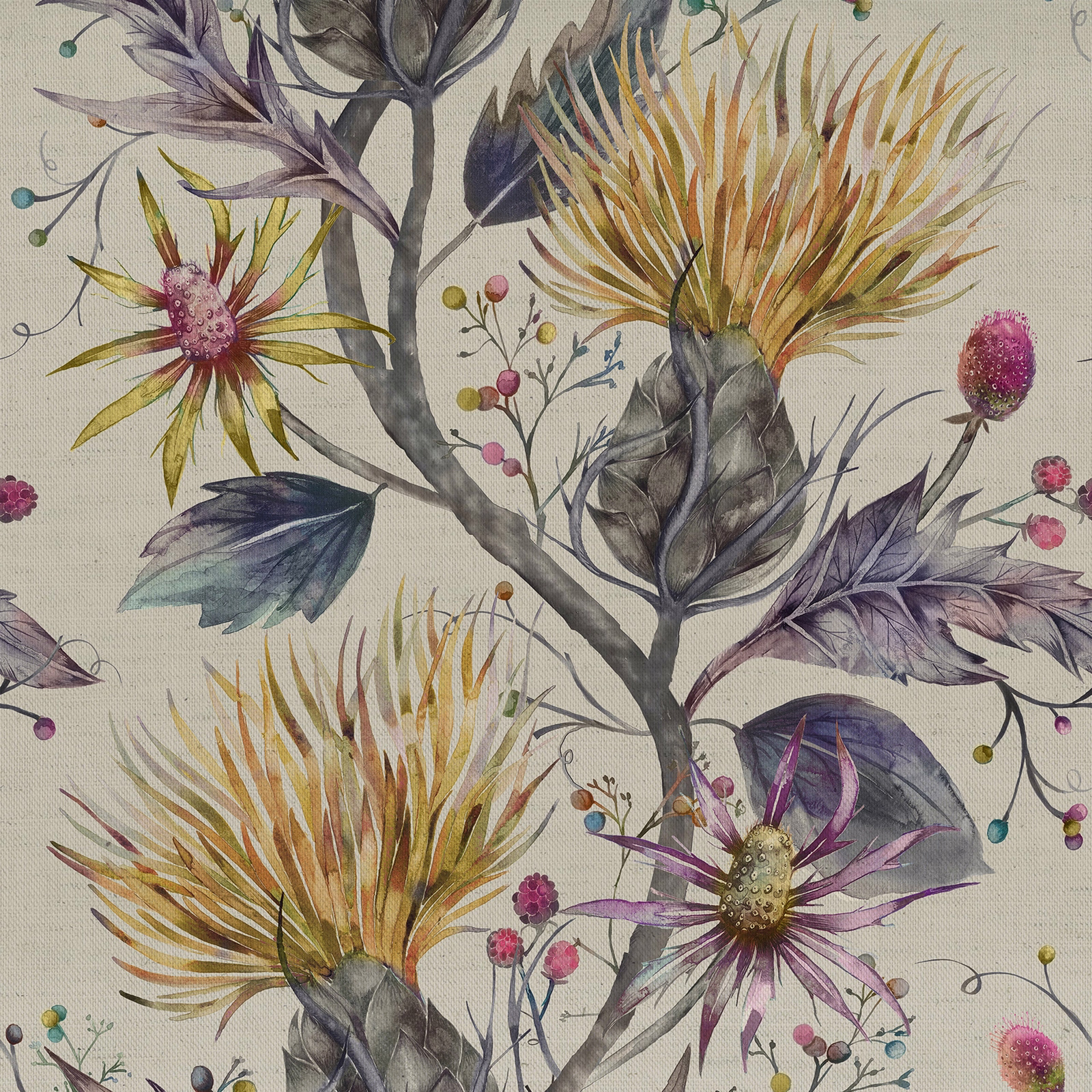 Painterly botanical fabric with muted yellow flowers, lilac leaves and a cream ground