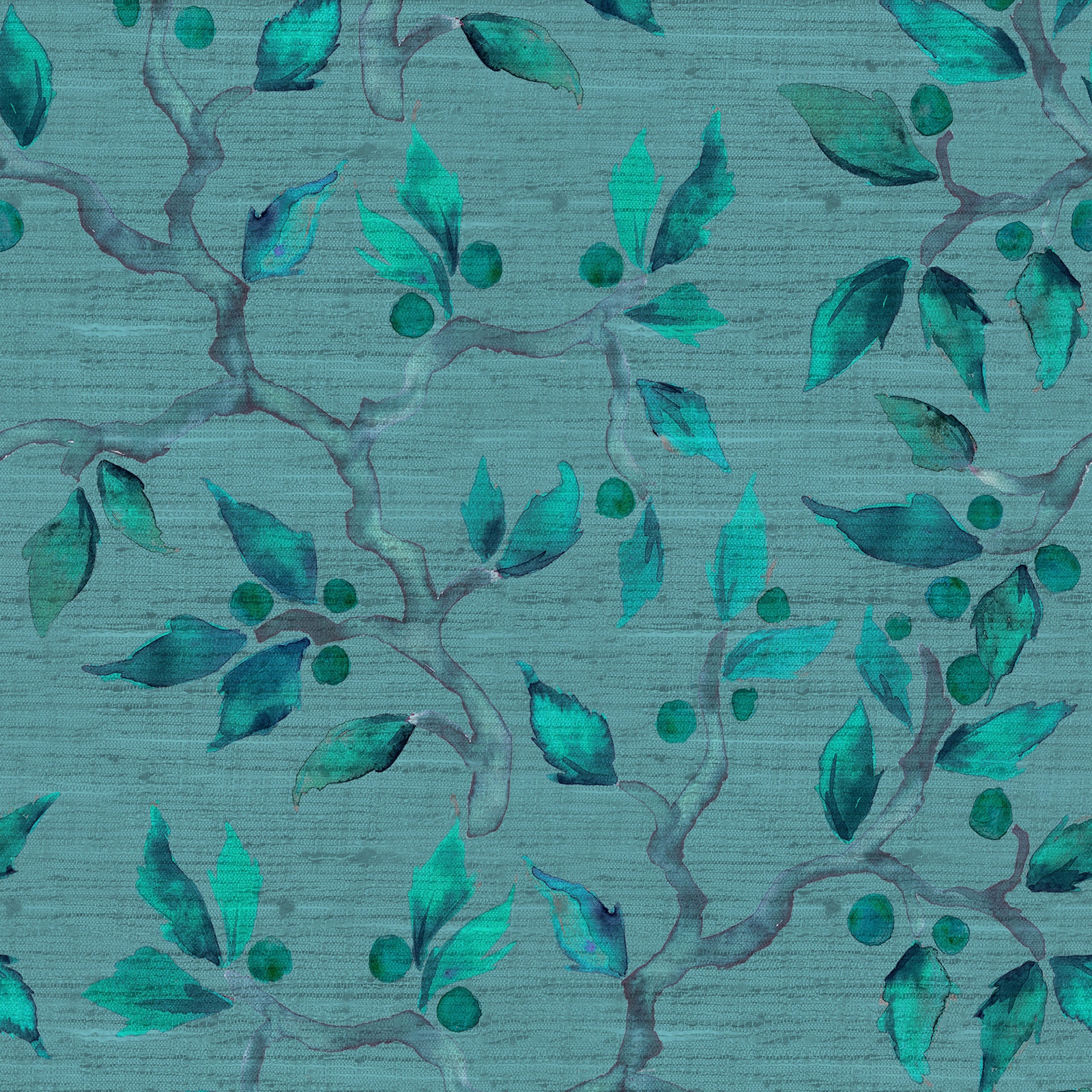 Teal botanical fabric with aqua leaves and grey branches on a textured ground