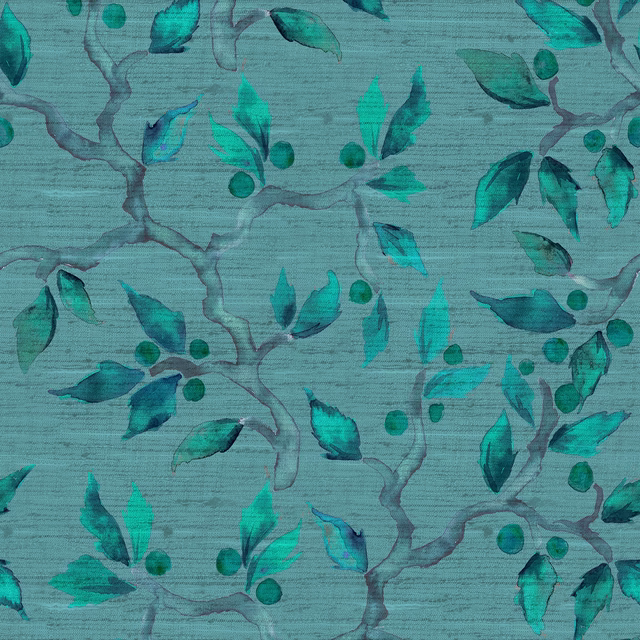 Teal botanical fabric with aqua leaves and grey branches on a textured ground