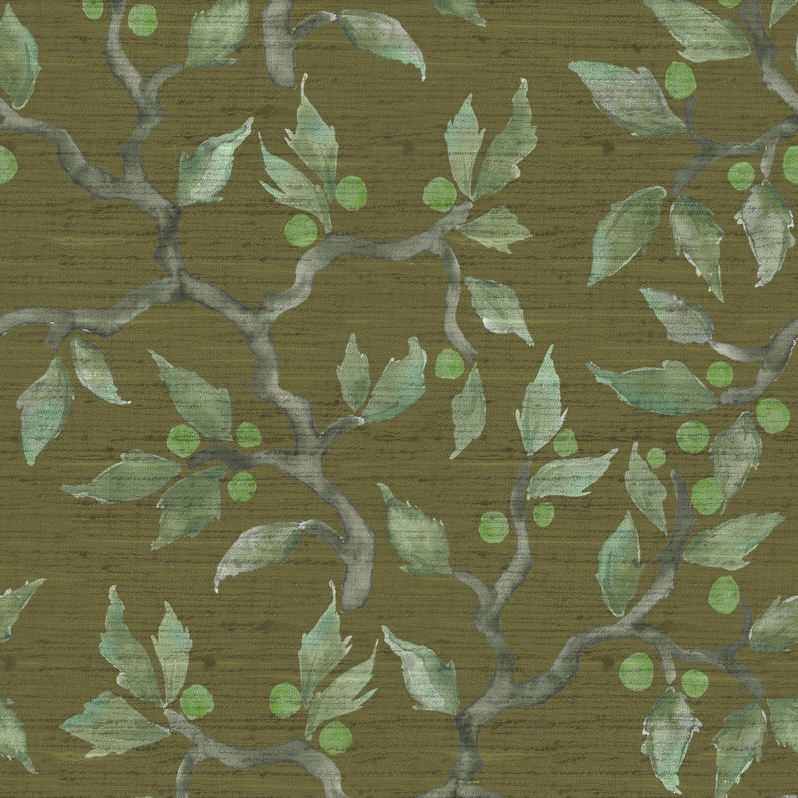 Olive green botanical fabric swatch with trailing leaves and grey branches