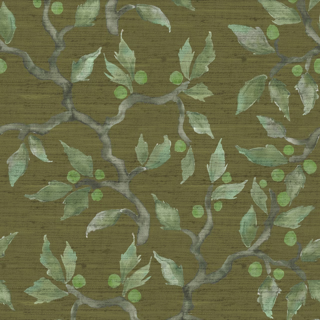 Olive green botanical fabric swatch with trailing leaves and grey branches