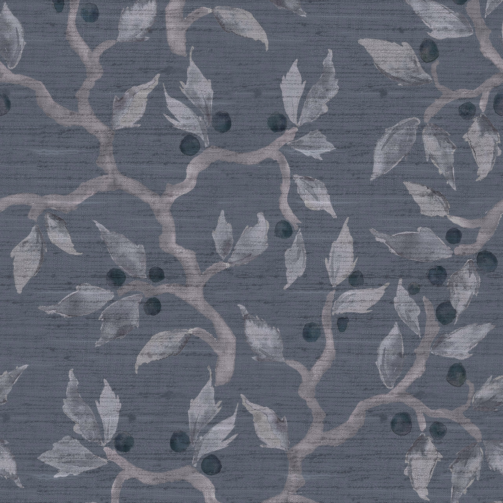 Cool grey botanical fabric with silvery leaves and dark berry dots