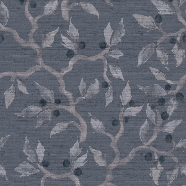 Cool grey botanical fabric with silvery leaves and dark berry dots