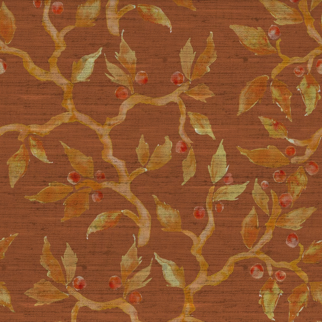 Terracotta floral fabric with painterly leaves, berries and slubbed weave