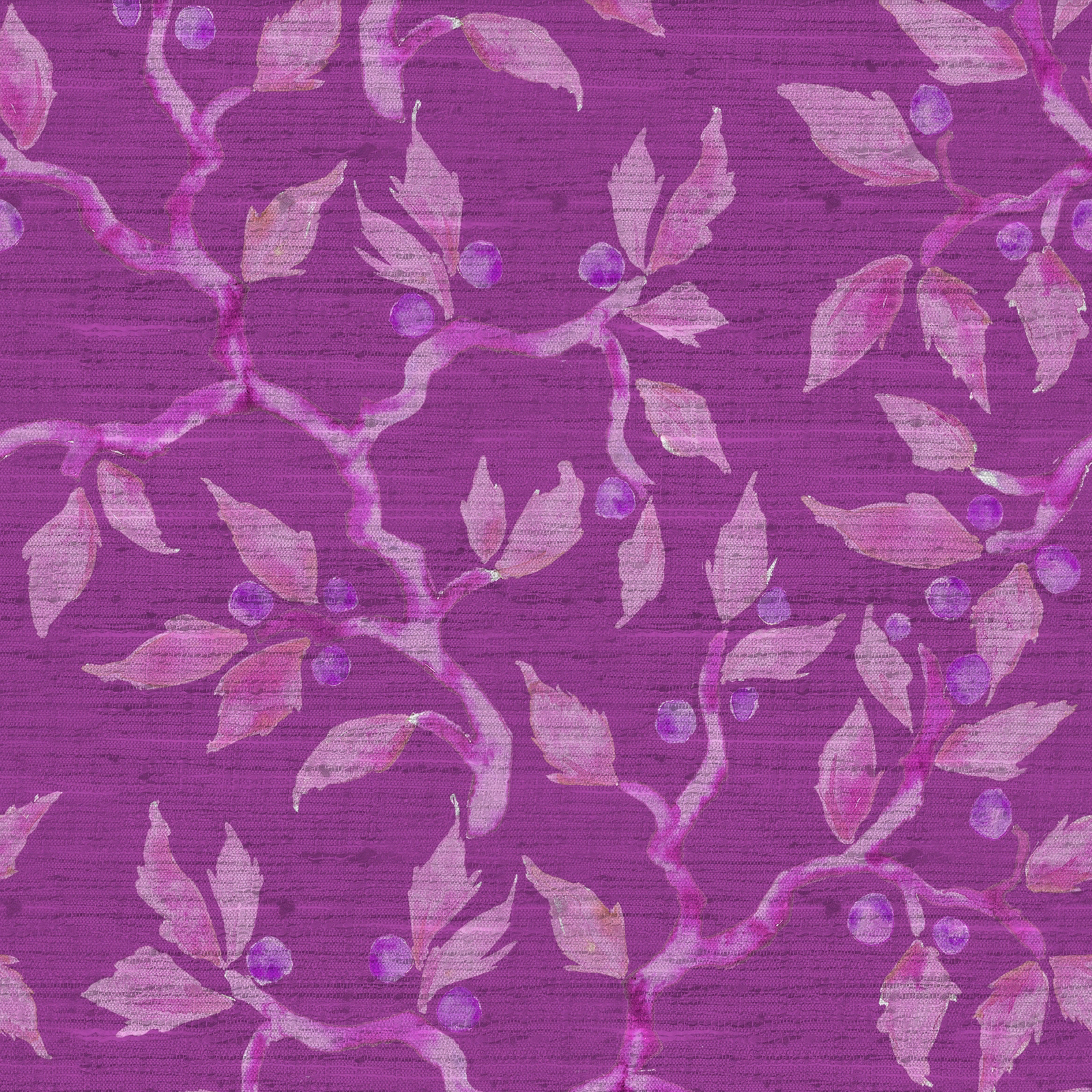 Magenta pink botanical fabric with pale leaves and berry motifs on a textured weave