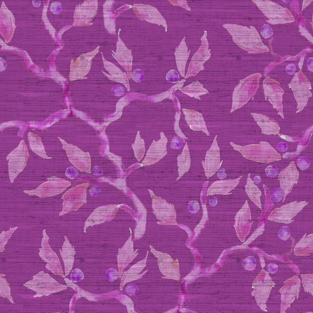 Magenta pink botanical fabric with pale leaves and berry motifs on a textured weave