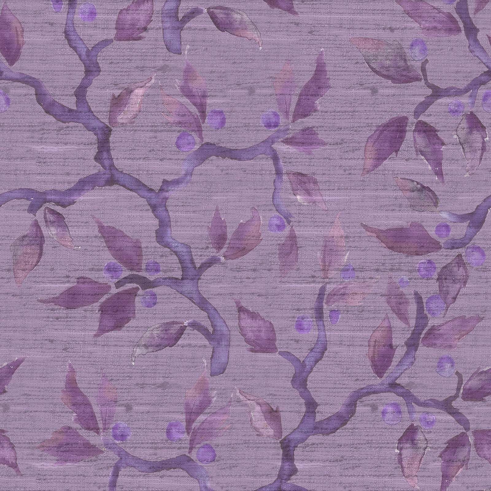 Lilac purple botanical fabric with painterly branches and leaves on a textured ground