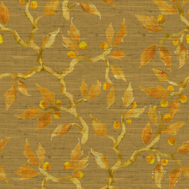 Ochre botanical fabric with gold leaves, amber berries and textured weave