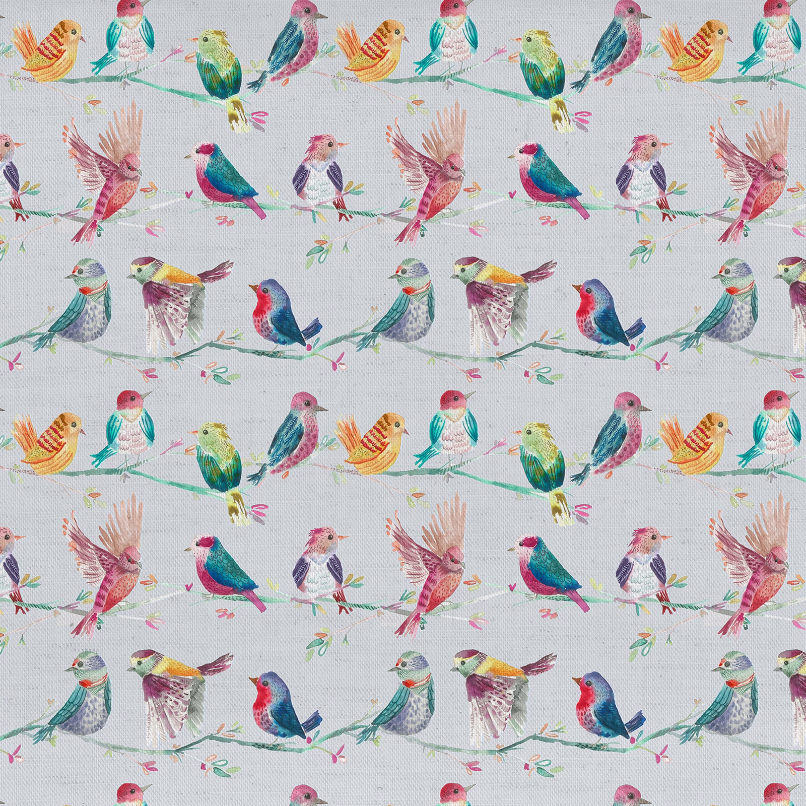 Watercolour bird print on a pale ground with pastel multicolour branches and small perched birds