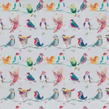 Watercolour bird print on a pale ground with pastel multicolour branches and small perched birds
