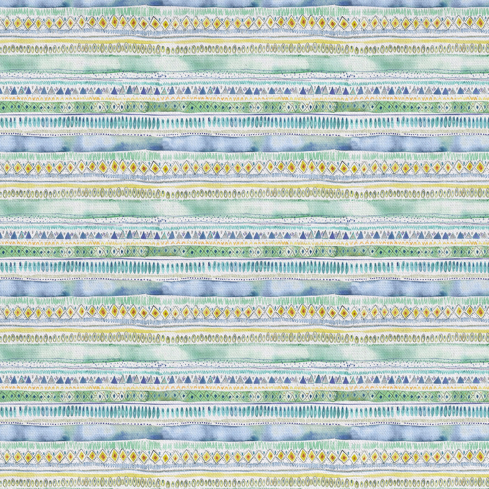 Striped fabric swatch in mint green, aqua, blue and yellow geometric bands