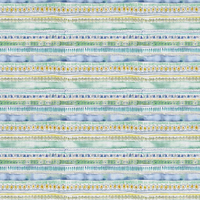 Striped fabric swatch in mint green, aqua, blue and yellow geometric bands