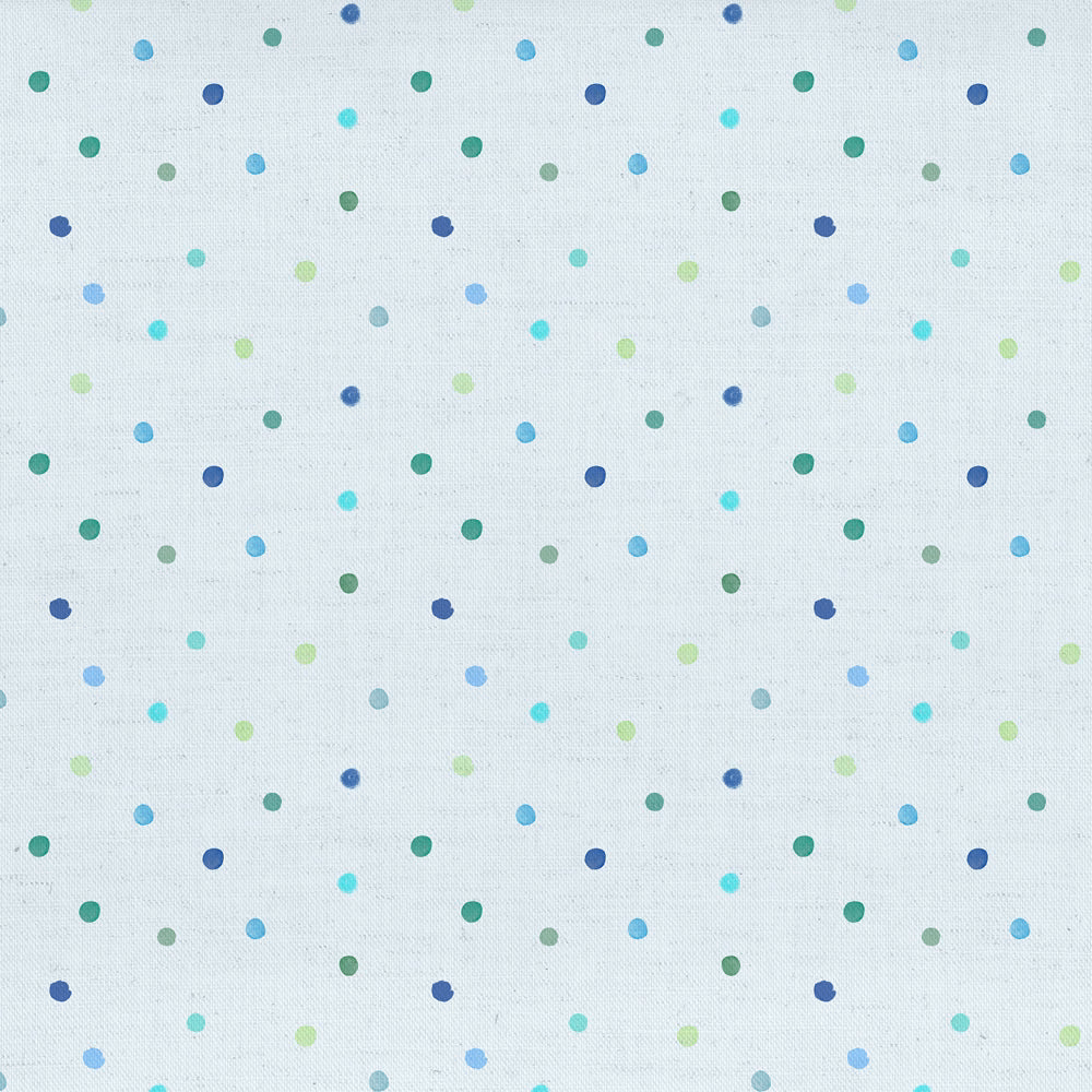 Pale fabric swatch with scattered green, aqua and blue polka dots