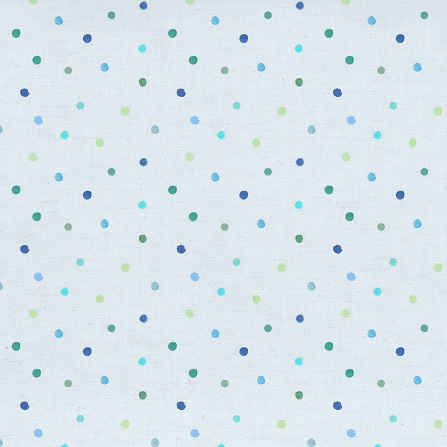 Pale fabric swatch with scattered green, aqua and blue polka dots