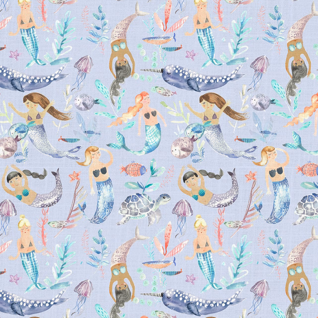 Lilac mermaid print fabric with mermaids, sea creatures and coral motifs