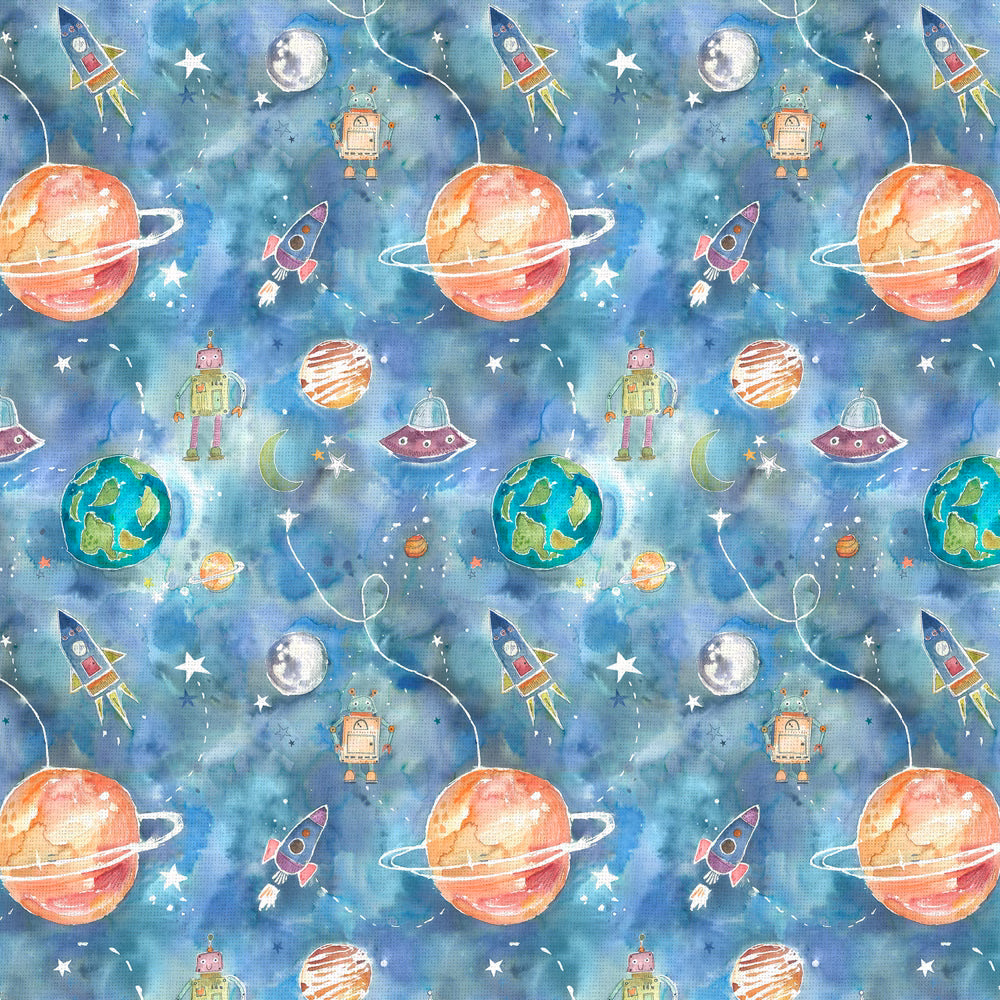 Blue space-themed fabric with planets, rockets, robots and stars