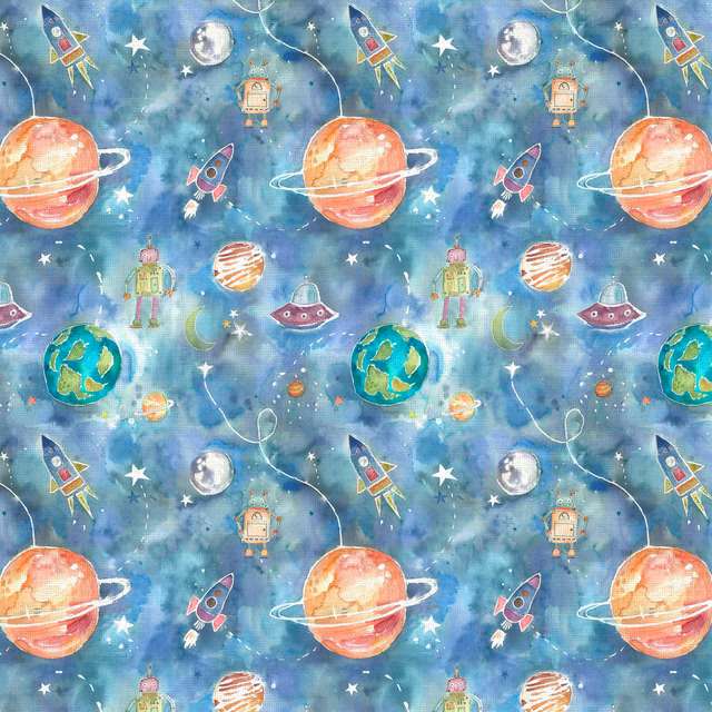 Blue space-themed fabric with planets, rockets, robots and stars