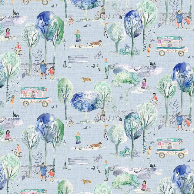 Pale blue illustrated fabric with park trees, figures and soft painted details
