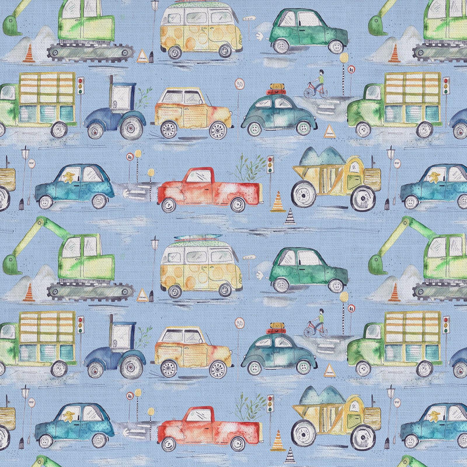 Playful blue printed fabric with hand-painted cars, vans and road signs
